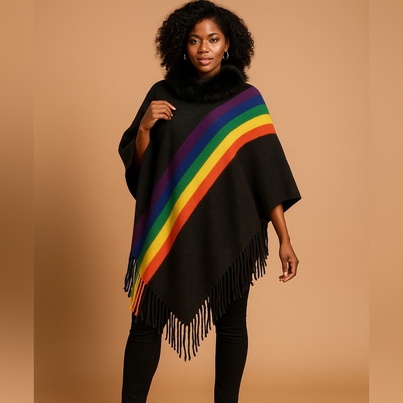 Knit Stripes with Fur Trim Poncho - Picture 3 of 5